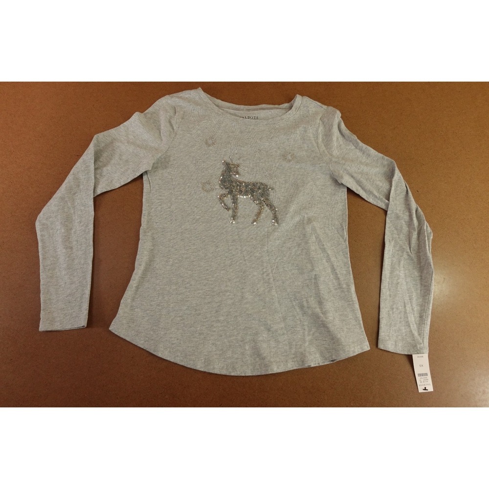 Talbots Womens XS Heather Gray Sequin Reindeer Long Sleeve Crew Neck Tee NWT